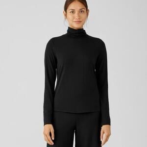 Eileen Fisher Fine Jersey Scrunch Neck Top in black turtleneck size medium
